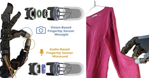 Adding Internal Audio Sensing to Internal Vision Enables Human-Like In-Hand Fabric Recognition with Soft Robotic Fingertips